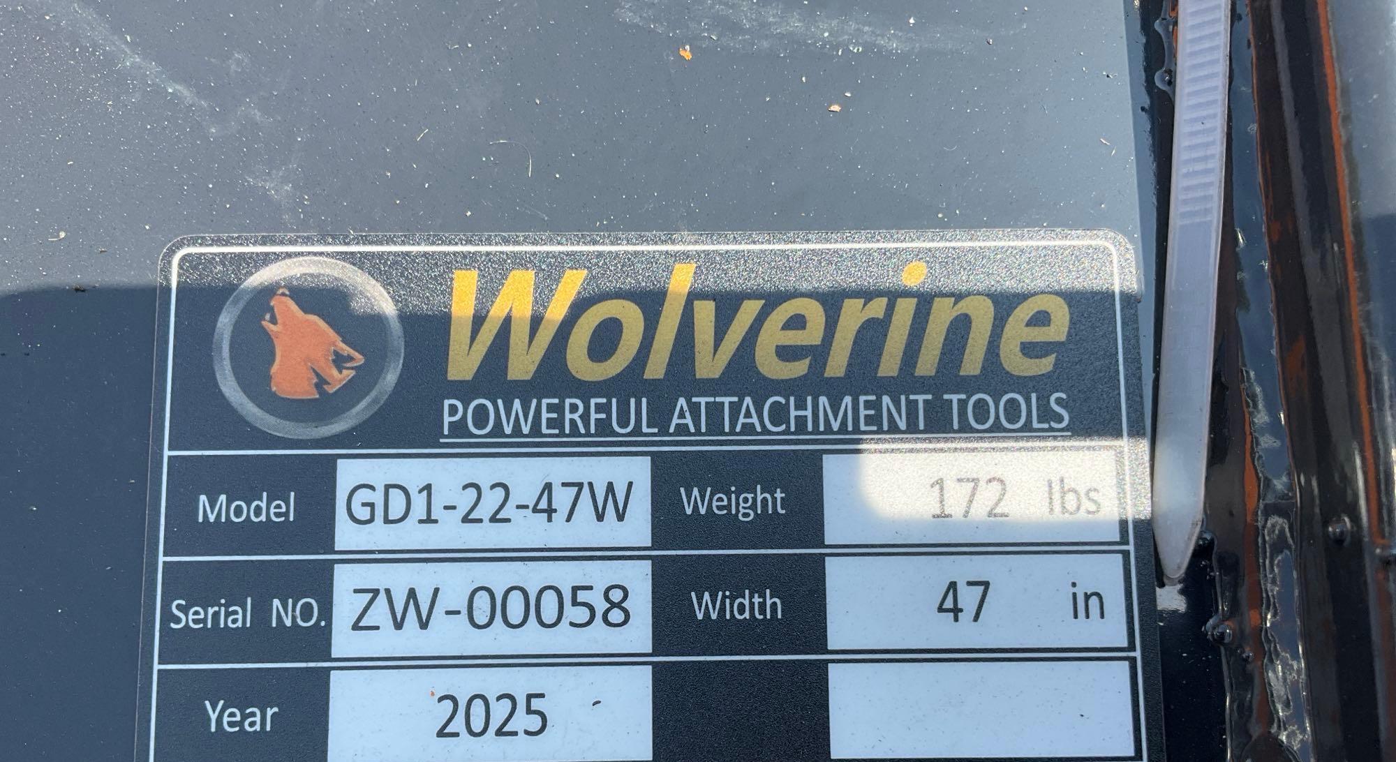 UNUSED 2025 WOLVERINE ATTACHMENT MODEL GD1-22-47W, APPROX 47in W