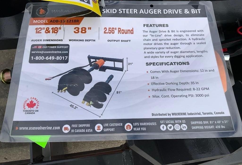 UNUSED 2025 AUGER DRIVE & BIT ATTACHMENT MODEL ADB-13-1218R FOR UNIVERSAL SKID STEER, 12in & 18in