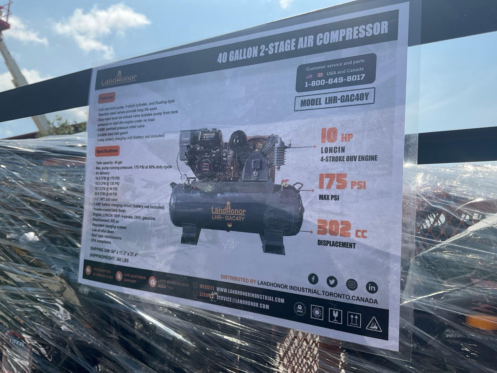 UNUSED LANDHONOR 40 GALLON 2-STAGE AIR COMPRESSOR MODEL LHR-GAC40Y, GAS POWERED, APPROX MAX PRESS...