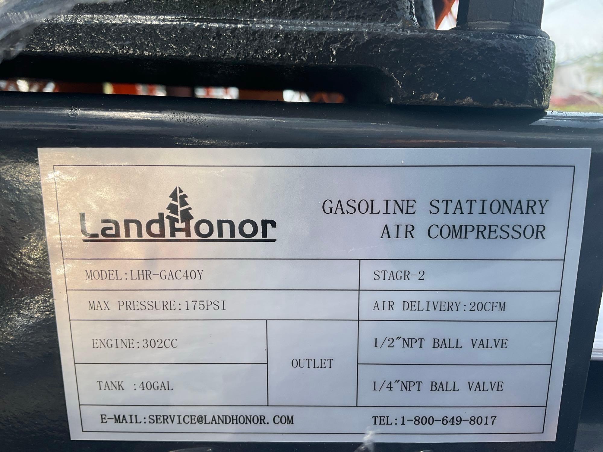 UNUSED LANDHONOR 40 GALLON 2-STAGE AIR COMPRESSOR MODEL LHR-GAC40Y, GAS POWERED, APPROX MAX PRESS...