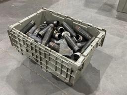 LOT OF METAL PIPE NIPPLES WITH GRAY PLASTIC STORAGE BIN; VARIOUS SIZES , MAKES, & MODELS