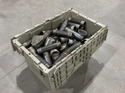 LOT OF METAL PIPE NIPPLES WITH GRAY PLASTIC STORAGE BIN; VARIOUS SIZES , MAKES, & MODELS