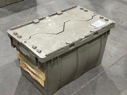 LOT OF METAL PIPE NIPPLES WITH GRAY PLASTIC STORAGE BIN; VARIOUS SIZES , MAKES, & MODELS