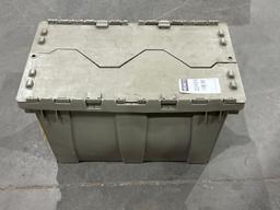 LOT OF METAL PIPE NIPPLES WITH GRAY PLASTIC STORAGE BIN; VARIOUS SIZES , MAKES, & MODELS