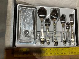 UNUSED SILVER PLATED CUTLERY SET, FORKS, SPOONS AND STAND