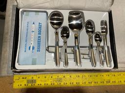 UNUSED SILVER PLATED CUTLERY SET, FORKS, SPOONS AND STAND
