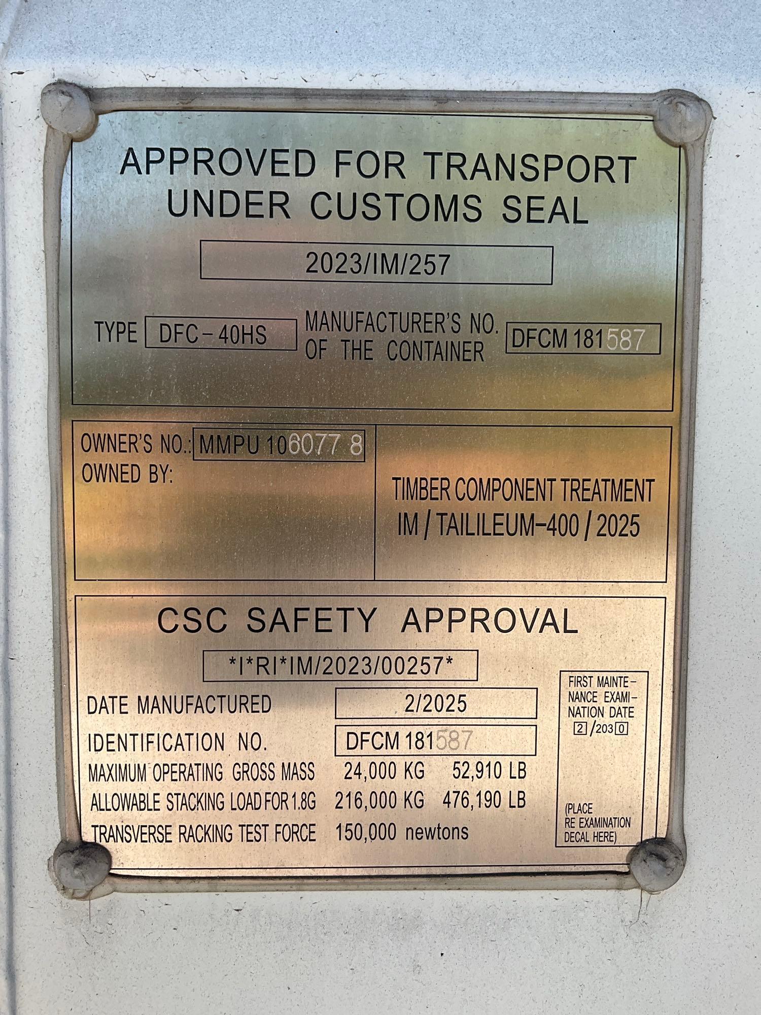 202540FT STORAGE CONTAINER, APPROX 102in TALL x 96in WIDE x 40FT DEEP