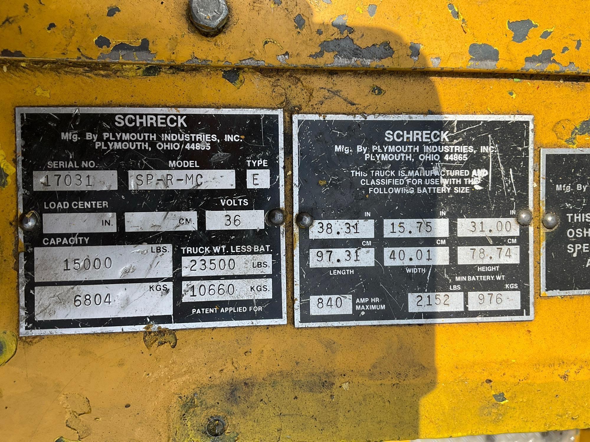 SCHRECKSP-R-MC, ELECTRIC, 36V, APPROX MAX CAPACITY 15,000LBS, RUNS & OPERATES