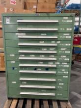 METAL INDUSTRIAL TOOL CABINET; 11 DRAWERS; APPROXIMATELY 46 IN L X 28 IN W X 62 IN T