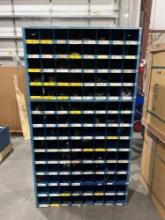BLUE METAL INDUSTRIAL PARTS CABINET; APPROXIMATELY 36 IN L X 12 IN W X 69 IN T; CONTENTS INCLUDED