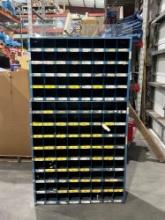BLUE METAL INDUSTRIAL PARTS CABINET; APPROXIMATELY 36 IN L X 12 IN W X 66 IN T; CONTENTS INCLUDED