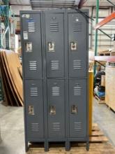 GRAY METAL LOCKERS; 6 LOCKERS WITH KEYS; APPROXIMATELY 37 IN L X 19 IN W X 78 IN T; CONTENTS