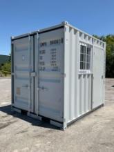 9FT OFFICE / STORAGE CONTAINER, FORK POCKETS WITH SIDE DOOR ENTRANCE & SIDE WINDOW, APPROX 99'' T x
