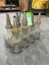 ( 8 ) PCS LARGE GLASS POURS W/ CARRIER FROM THE EARLY 40s
