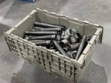 LOT OF METAL PIPE NIPPLES WITH GRAY PLASTIC STORAGE BIN; VARIOUS SIZES , MAKES, & MODELS