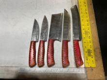 UNUSED (5) CULINARY SET OF HANDMADE DAMASCUS KNIVES, ASSORTED SIZES AND COLORS, STEEL