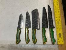 UNUSED (5) CULINARY SET OF HANDMADE DAMASCUS KNIVES, ASSORTED SIZES AND COLORS, STEEL