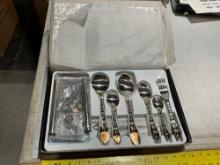UNUSED SILVER PLATED CUTLERY SET, FORKS, SPOONS AND STAND