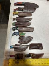 UNUSED (11) HANDMADE DAMASCUS KNIVES IN MOLD PROOF LEATHER SHEATHS, ASSORTED SIZES AND COLORS, ST...