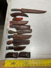 UNUSED (10) HANDMADE DAMASCUS KNIVES IN MOLD PROOF LEATHER SHEATHS, ASSORTED SIZES AND COLORS, ST...