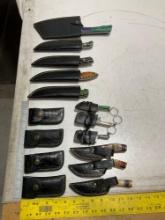 UNUSED (15) HANDMADE DAMASCUS KNIVES IN MOLD PROOF LEATHER SHEATHS, ASSORTED SIZES AND COLORS, ST...