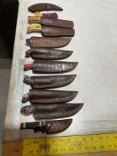 UNUSED (10) HANDMADE DAMASCUS KNIVES IN MOLD PROOF LEATHER SHEATHS, ASSORTED SIZES AND COLORS, ST...