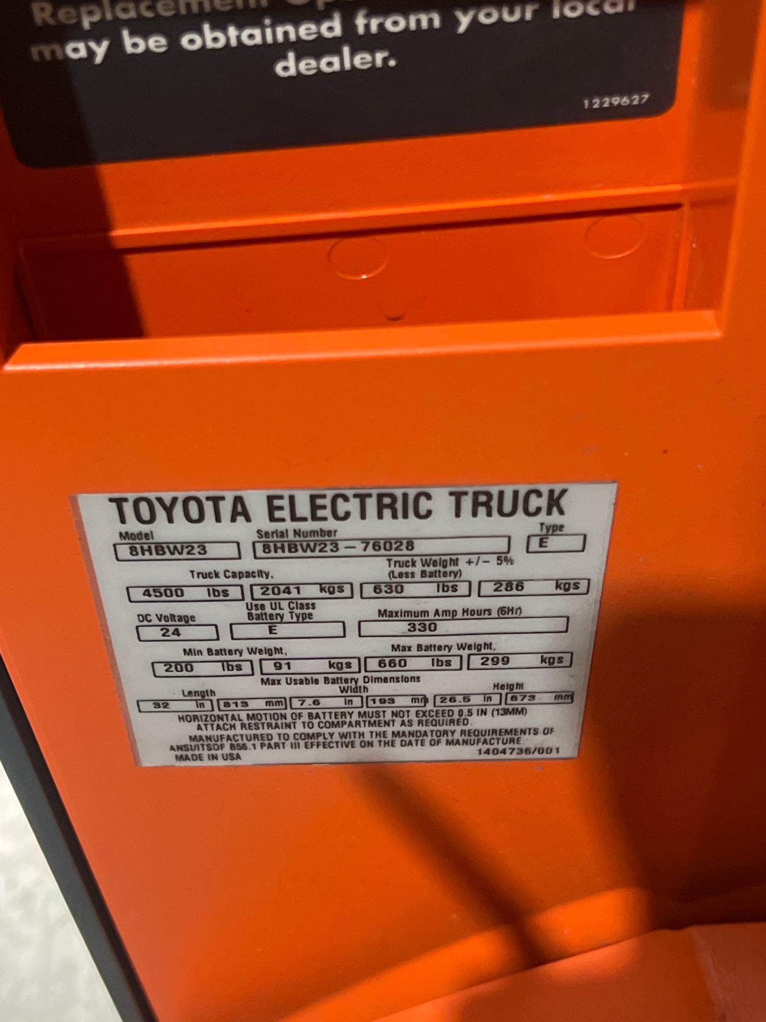 2024 TOYOTA PALLET JACK MODEL 8HBW23, ELECTRIC, 24V, MAX CAPACITY 4500LBS, LOW HRS SHOWING, BUILT...