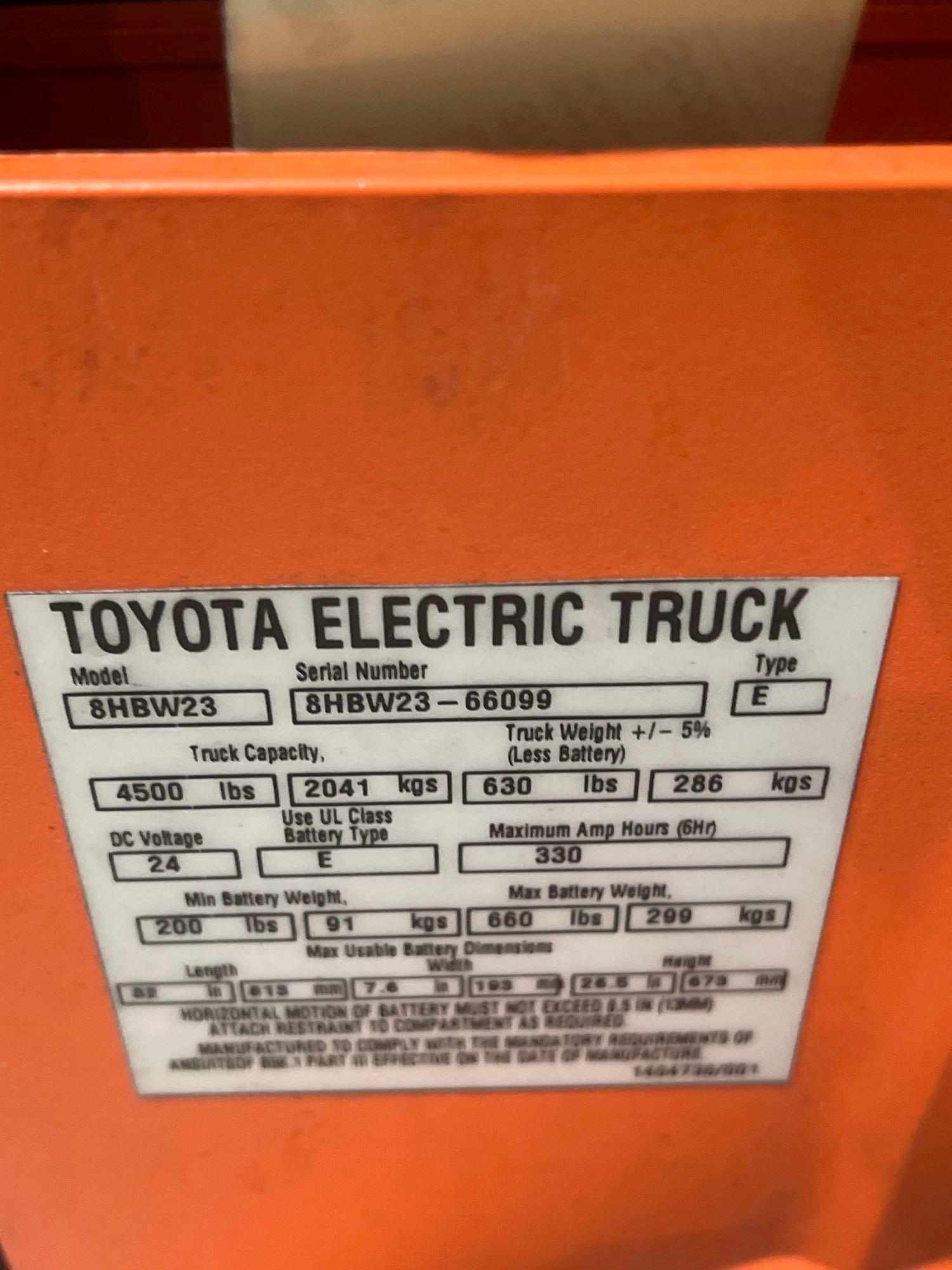 2023 TOYOTA PALLET JACK MODEL 8HBW23, ELECTRIC, 24V, MAX CAPACITY 4500LBS, LOW HRS SHOWING, BUILT...