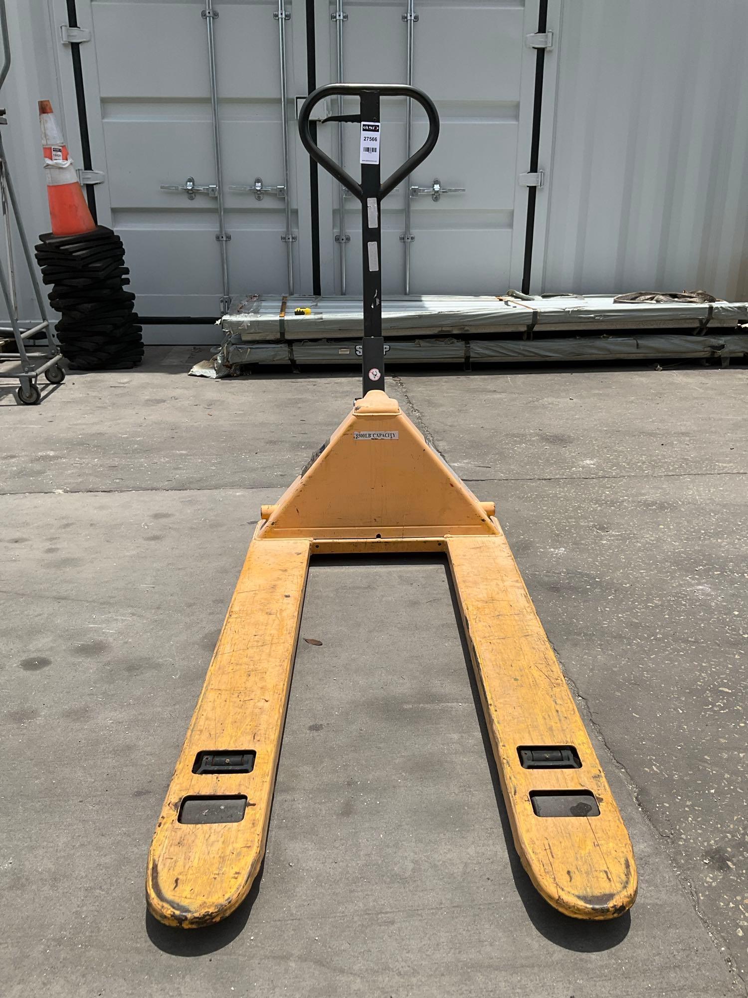ULINE HYDRAULIC PALLET JACK MODEL H-1043, APPROX MAX CAPACITY 5500LBS