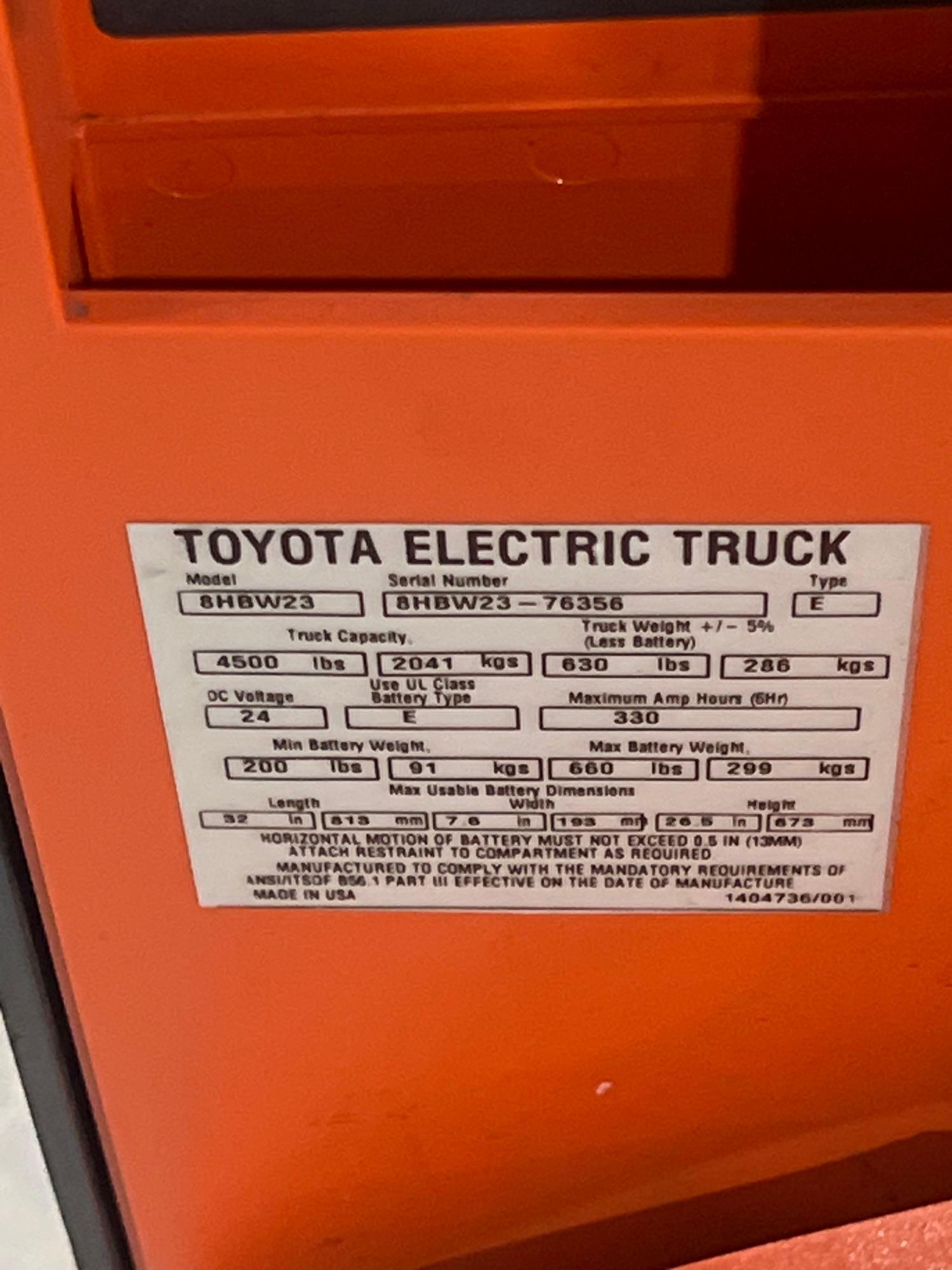 2024 TOYOTA PALLET JACK MODEL 8HBW23, ELECTRIC, 24V, MAX CAPACITY 4500LBS, LOW HRS SHOWING, BUILT...