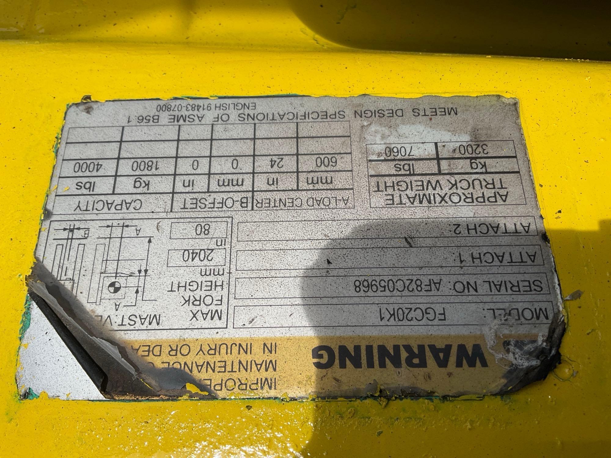 MITSUBISHI FORKLIFT MODEL FGC20K1, LP POWERED, APPROX MAX CAPACITY 4000LBS, APPROX MAX HEIGHT 80in,