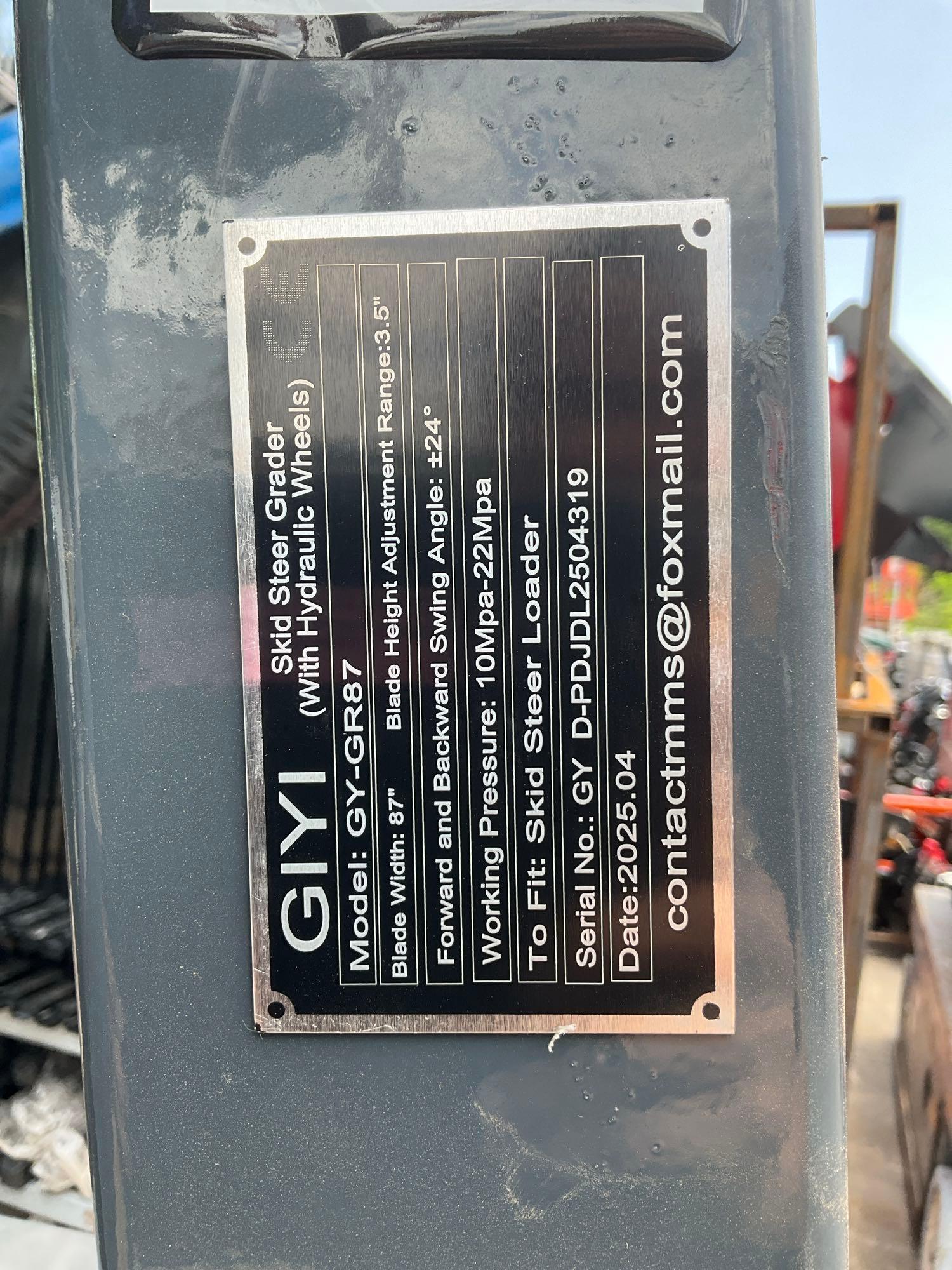 UNUSED 2025 GIYI GRADER W/ HYDRAULIC WHEELS MODEL GY-GR87 FOR SKID STEER LOADER, APPROX BLADE WIDTH