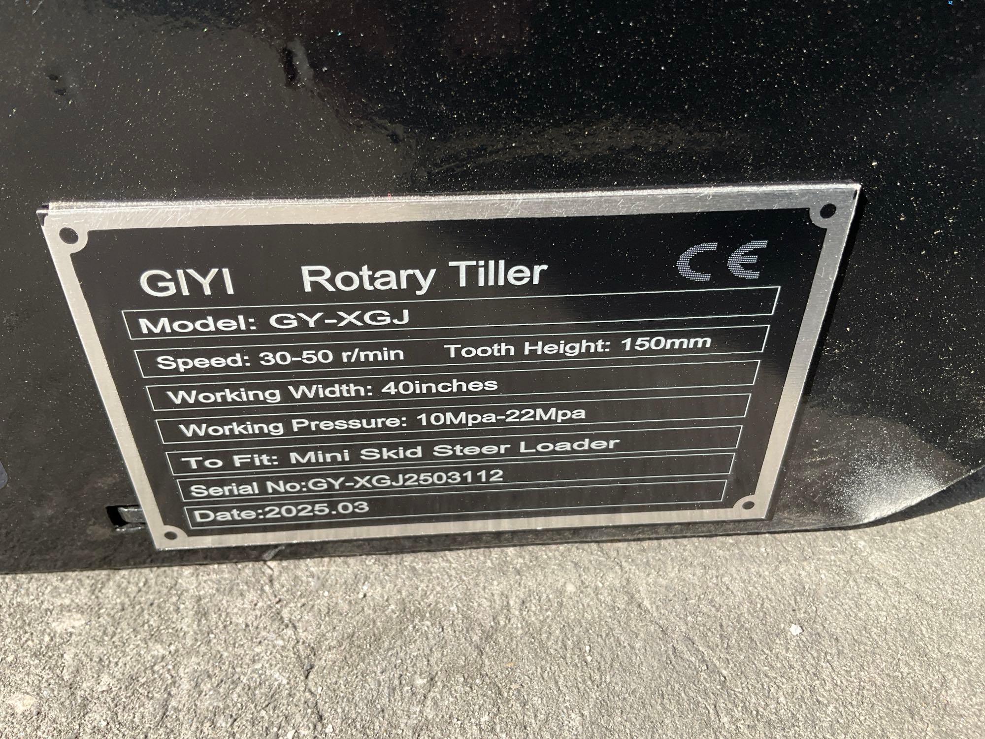 ( 1 ) UNUSED 2025 GIYI ROTARY TILLER ATTACHMENT MODEL GY-XGJ MINI SKID STEER, APPROX 40in L