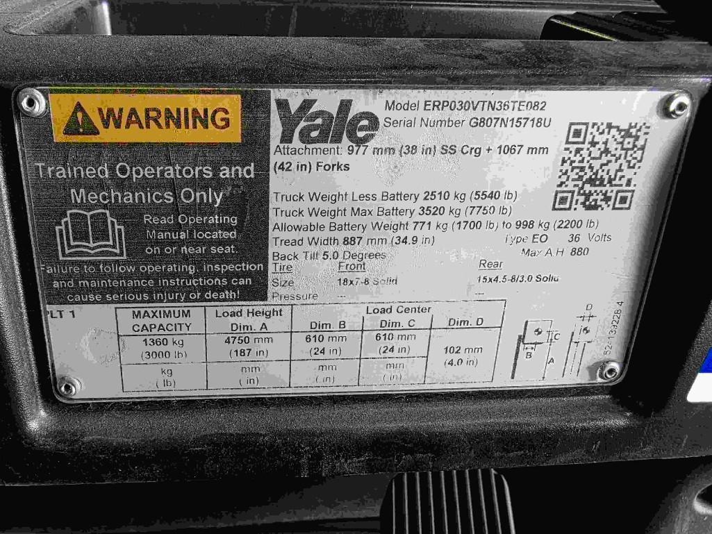 YALE FORKLIFT , MODEL ERP030VTN36TE082