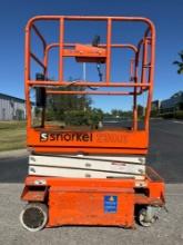 SNORKEL SCISSOR LIFT MODEL S3010E, ELECTRIC, APPROX MAX PLATFORM HEIGHT 10FT, NON MARKING TIRES,