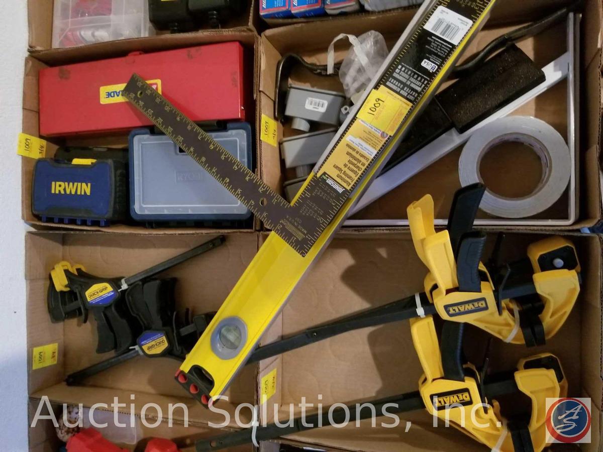 (4) flats containing Alltrade drill bit set, Irwin screwdriver bit set, Vise Grip Quick Grips,