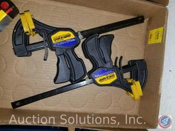 (4) flats containing Alltrade drill bit set, Irwin screwdriver bit set, Vise Grip Quick Grips,