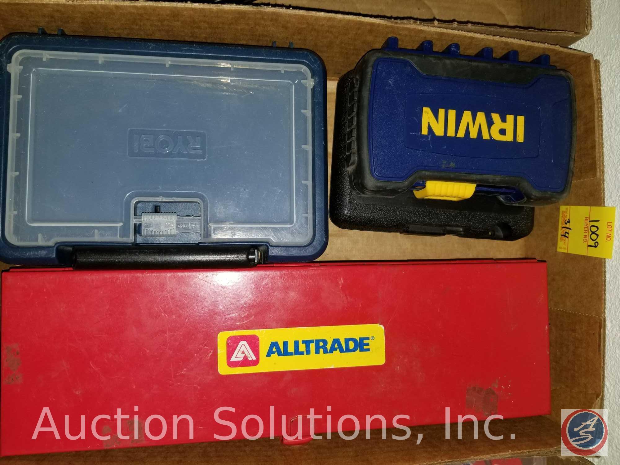 (4) flats containing Alltrade drill bit set, Irwin screwdriver bit set, Vise Grip Quick Grips,