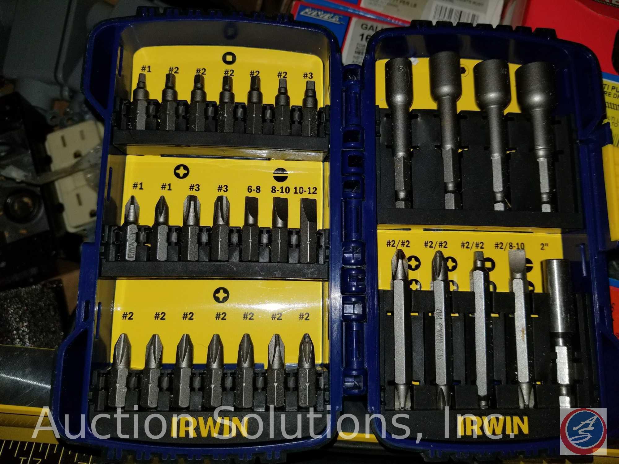 (4) flats containing Alltrade drill bit set, Irwin screwdriver bit set, Vise Grip Quick Grips,