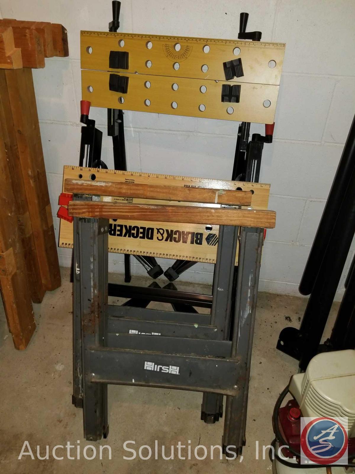 (2) Hirsh folding metal saw horses, and a Black and Decker portable project center and vise.