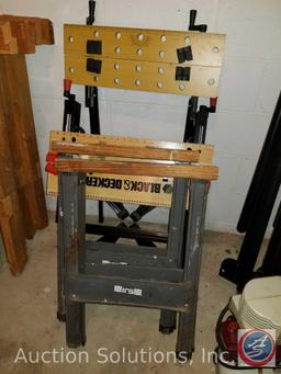 (2) Hirsh folding metal saw horses, and a Black and Decker portable project center and vise.