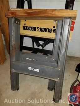(2) Hirsh folding metal saw horses, and a Black and Decker portable project center and vise.