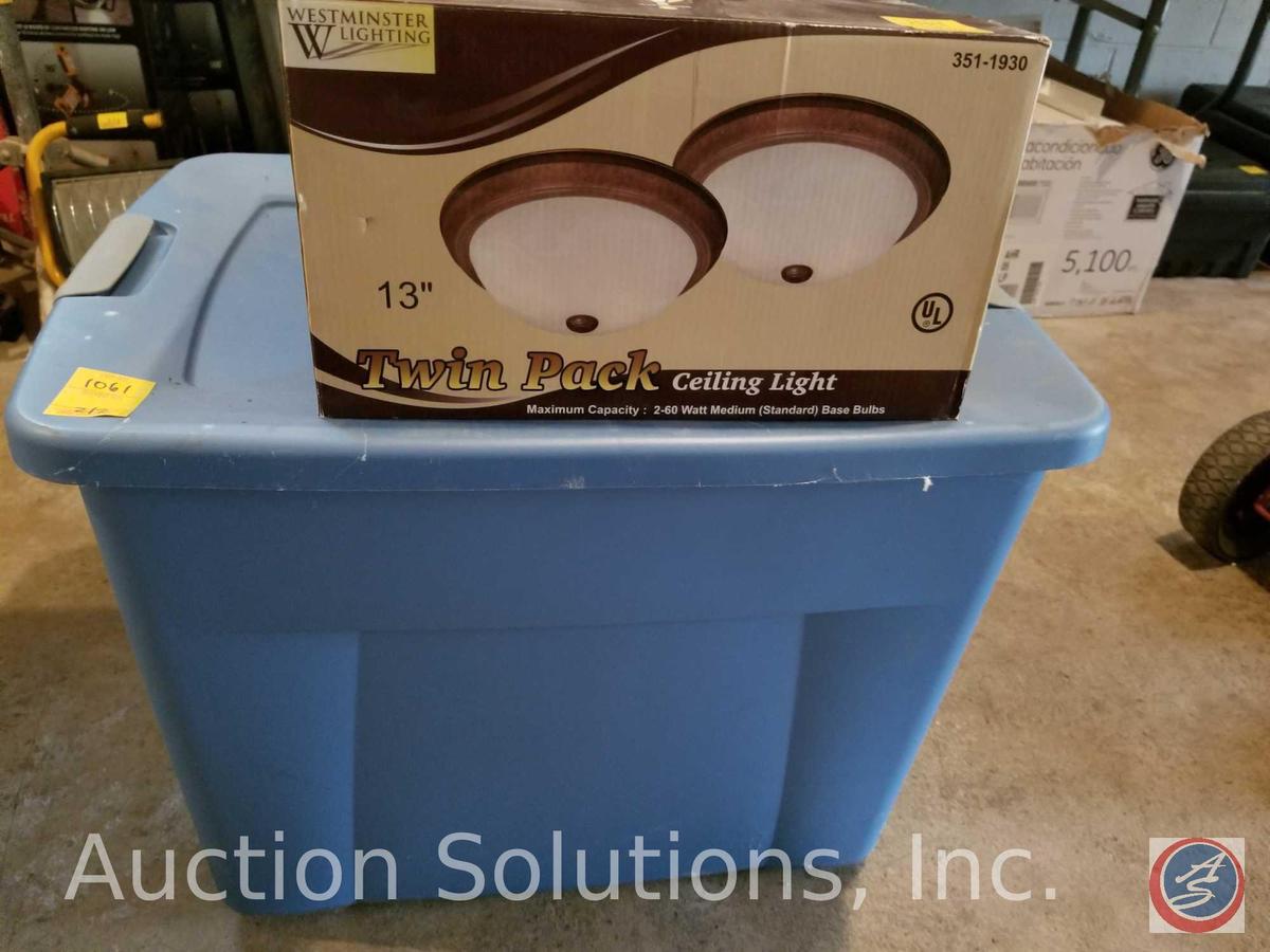 Westminster Lighting twin pack 13 in. ceiling lights, and tote containing vintage ceiling fan w/