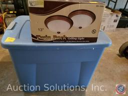 Westminster Lighting twin pack 13 in. ceiling lights, and tote containing vintage ceiling fan w/