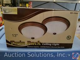 Westminster Lighting twin pack 13 in. ceiling lights, and tote containing vintage ceiling fan w/