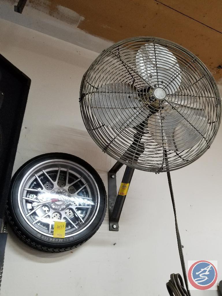 Wall mounted shop fan, and tire shop clock