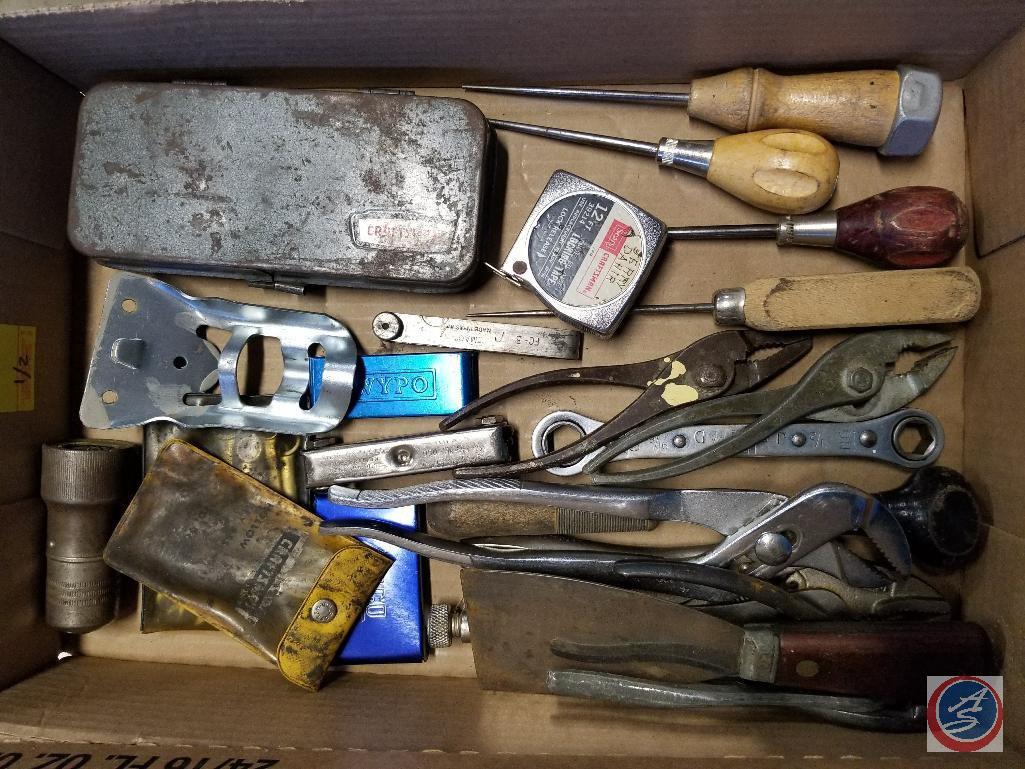 Flat of assorted hand tools, Craftsman socket set, Airco tip cleaners, Craftsman 8 pc. wrench set,