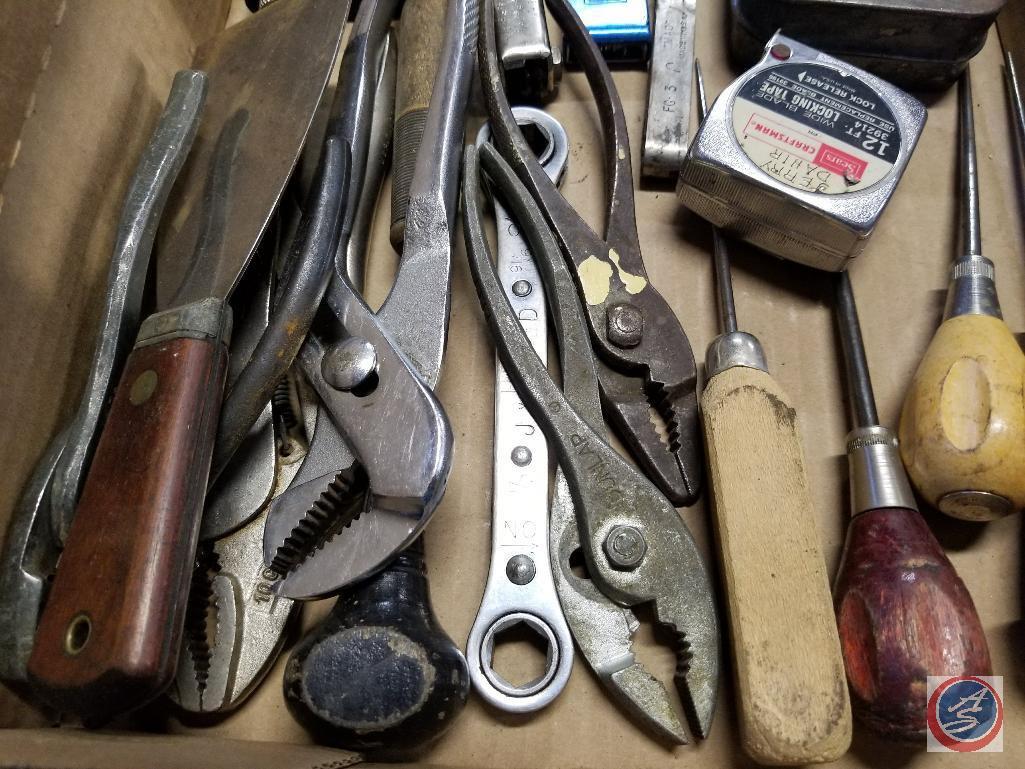 Flat of assorted hand tools, Craftsman socket set, Airco tip cleaners, Craftsman 8 pc. wrench set,