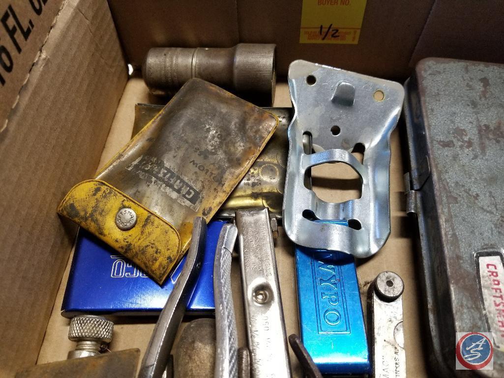 Flat of assorted hand tools, Craftsman socket set, Airco tip cleaners, Craftsman 8 pc. wrench set,