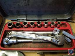 Flat of assorted hand tools, Craftsman socket set, Airco tip cleaners, Craftsman 8 pc. wrench set,